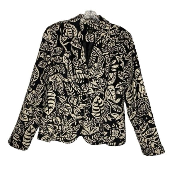 ELCC Blazer Womens M Black Cream Batik Leaf Floral Print 3 Button Jacket Vintage - Picture 1 of 8